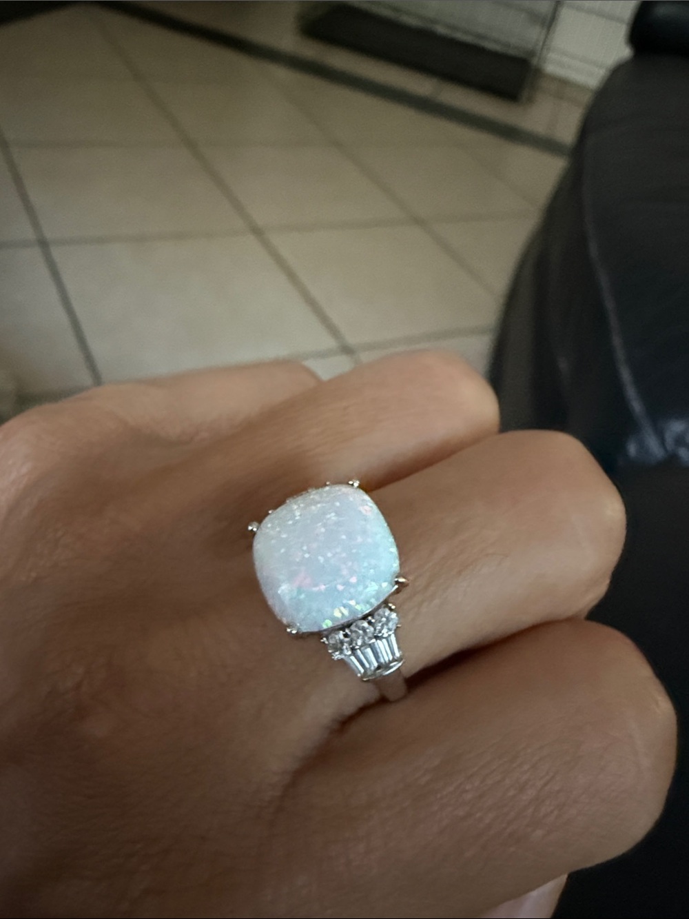 jcpenney Iridescent White Opal Cushion Ring with Baguette Accents